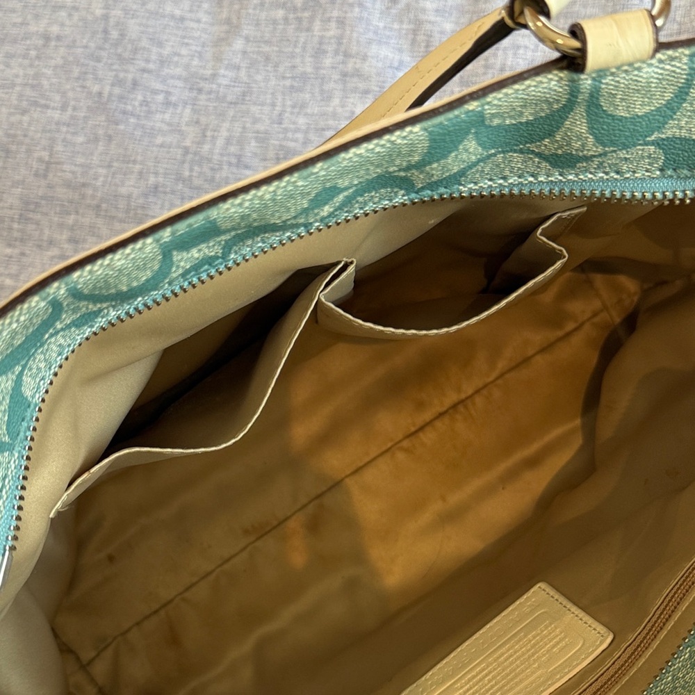 Coach Teal Signature Stripe Tote with Ivory Trim - Picture 7 of 15